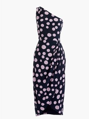 J. Crew 100% silk one-Shoulder Navy and Light Pink Polka Dot Midi Dress, size 16